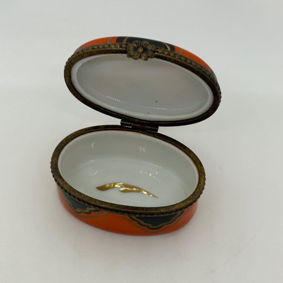 Limoges Oval Trinket Box Handprinted in France Brass Accents Orange-Black Design - Picture 10 of 16
